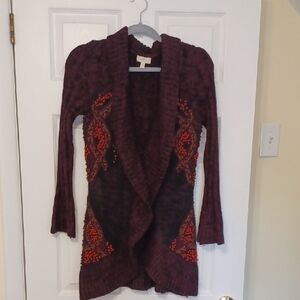 Cupio Sz S, Maroon/Black/blue Woven, Embroidered, Ribbed Cardigan